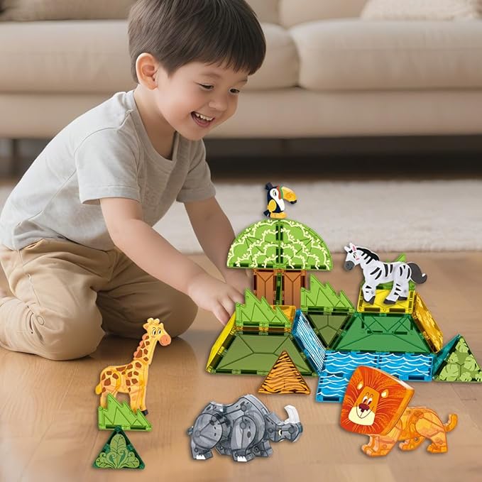 Magnetic Tiles Set Grassland Animals Theme Toys, Magnet Tiles Building Blocks Toys for Kids Ages 5-7 Year Old to STEM Learning