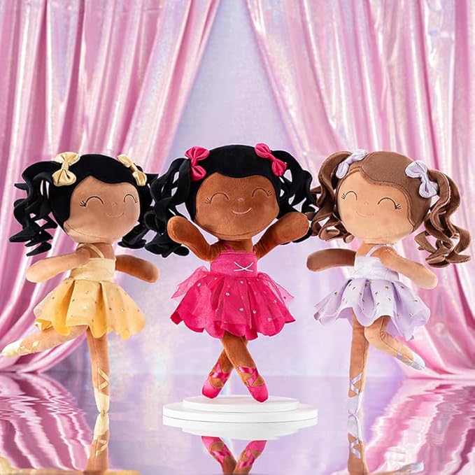 Gloveleya Baby Dolls Soft Snuggly Curly Hair Ballerina Doll First Baby Girl Gifts Plush Tanned Ballet Doll with Lace Mesh Dress Golden 14inches Ballerina Series