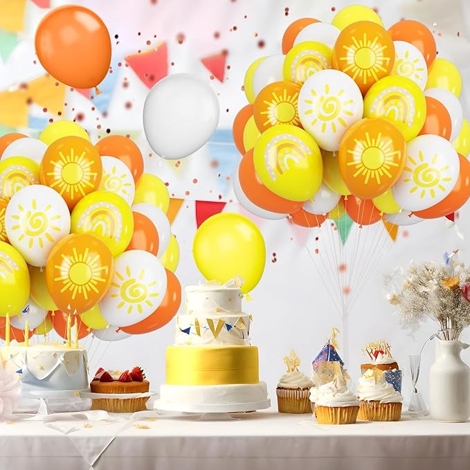 FEYG Sun Balloons, 12 inch Yellow Orange White Latex Balloons Boho Rainbow Sunrise Printed Latex Balloons Half Sun Sunshine Balloons for Sun Party Birthday Baby Shower Decoration Supplies