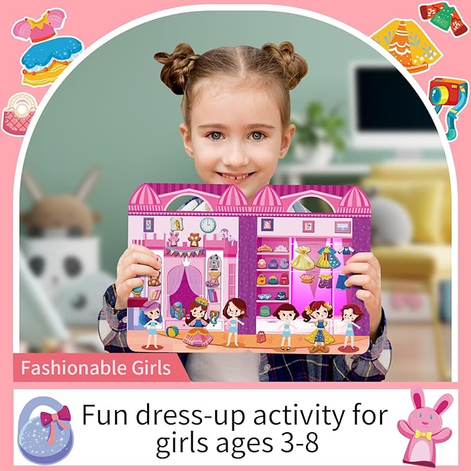 Dress Up Sticker Books for Girls Ages 3+, Reusable Puffy 3D Sticker Books for Toddlers, Include Princess Mermaid Fairy and Fashion Girl,Activity Book for Toddlers 3-5
