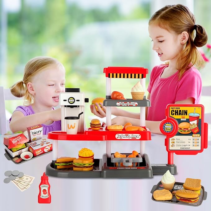 Pretend Play Food Toy for Kids Kitchen with Cash Register, Coffee Maker, 71 Pcs Fast Food Set with Burger, Fries, Ice Cream, Play Money, Educational Birthday Gift for Boys Girls Ages 3-8 (Red)