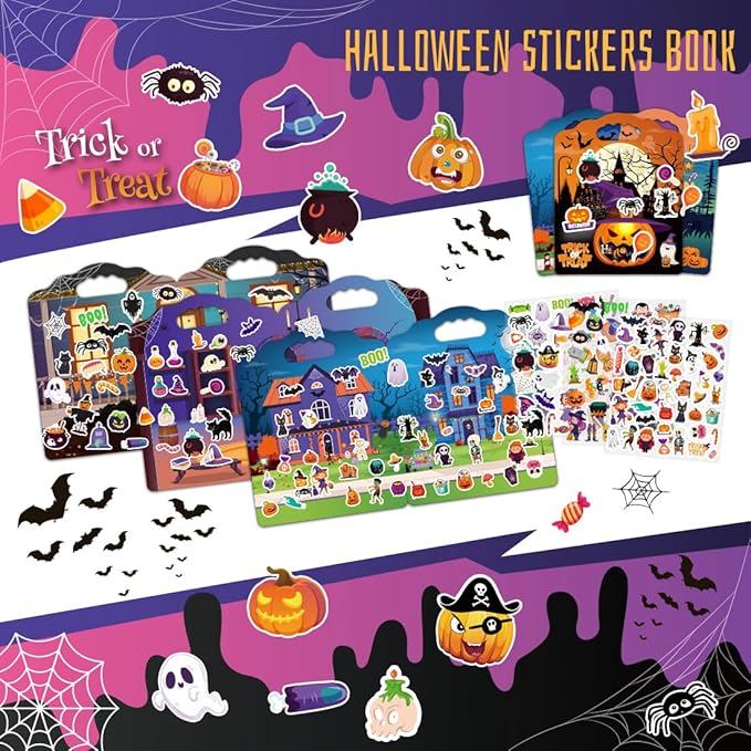 3Sets Halloween Reusable Sticker Books for Kids, Puffy Reusable Sticker Books for Toddlers 2-4 Years, Kids Halloween Party Favors