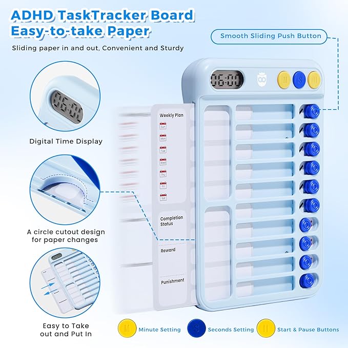 Magnetic Chore Chart for Kids with Timer, Visual Schedule for Kids, ADHD Tools for Kids to Do List, Checklist with 99-Min Countup/Countdown Chore Board with Sliders & 12 Dry-Erase Sheets (Blue)