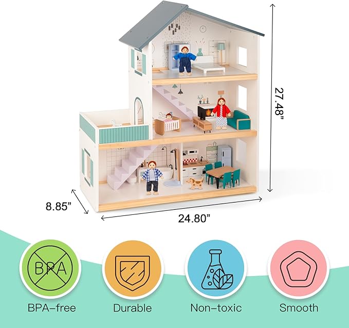 OOOK Wooden Dollhouse for Kids, Doll House with Simulated Luxury Furniture Set, Dollhouse Playset for Girls Toddlers (Including 4 Family Dolls and a Dog)