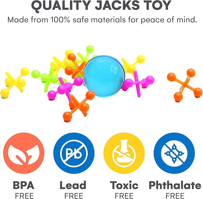 Kicko Plastic Jacks Set Jacks Game - Assorted Neon Colors - Pack of 16-10 Jacks and 1 Ball Per Pack, Jacks and Balls are 1 Inch, Classic Game Set - for Kids, Party Favors, Fun, Toy,