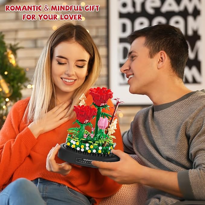 QLT QIAOLETONG Flower Bouquet Building Set, 593 PCS Red Rose Mini Building Blocks Kit for Adults, Flowers Botanical Collection for Home Decor, Mother's Day for Her Mom Women Wife Girlfriend