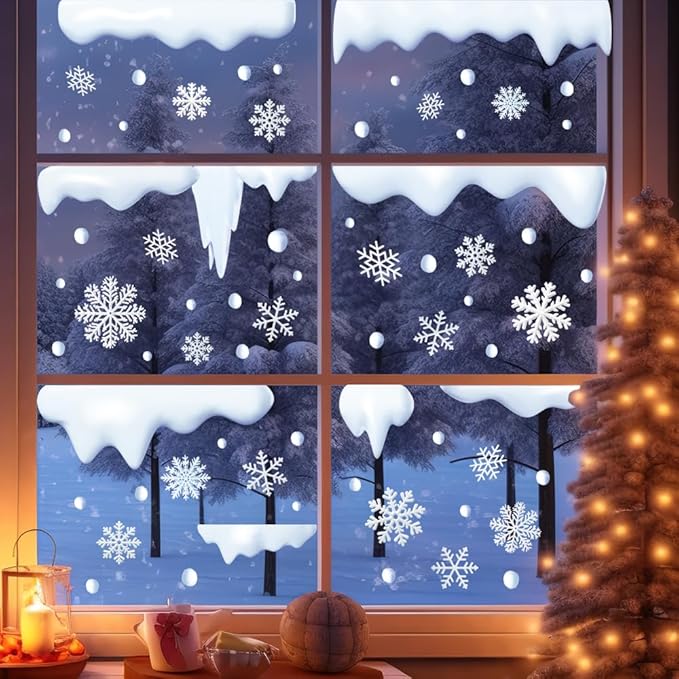 Winter White Snowflakes Window Clings for Glass Window, Snowdrift Snowball Icicle Window Stickers Set Double Sided Christmas Window Stickers Decals for Holiday Theme Party 4 Sheet