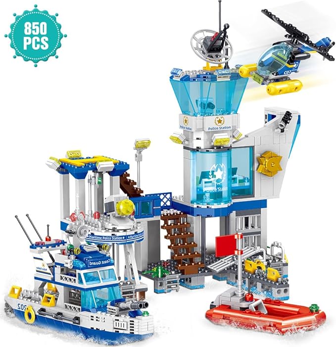 MindBox Police Station Building Blocks Set, 800pcs Building Toy with Ship,Boat & Helicopter for Boys 8+
