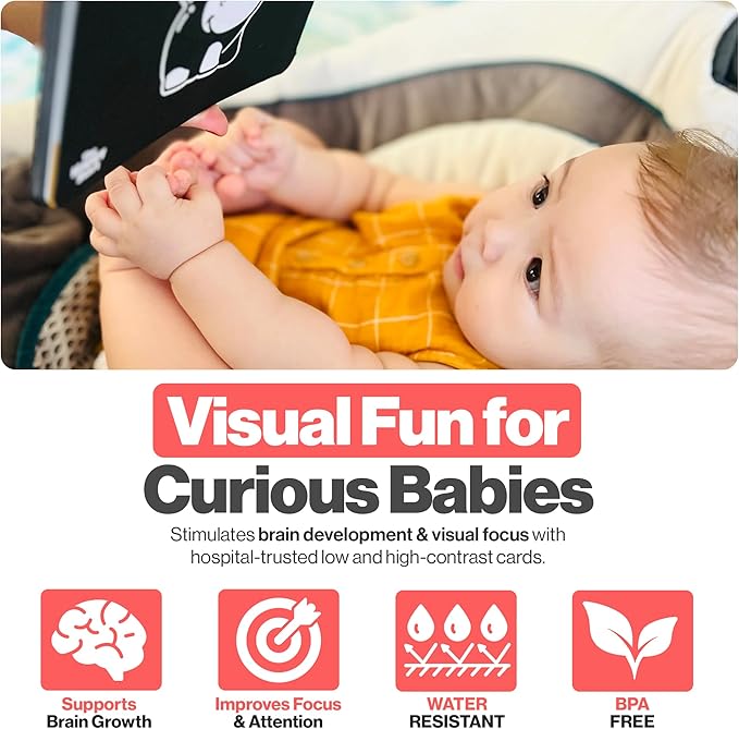 Happy Start High Contrast Baby Cards for Newborns - Black & White Cards, Water-Resistant, BPA-Free, Portable Educational Flashcards for Visual Stimulation, Award-Winning, Ages 0+(English & Portuguese)