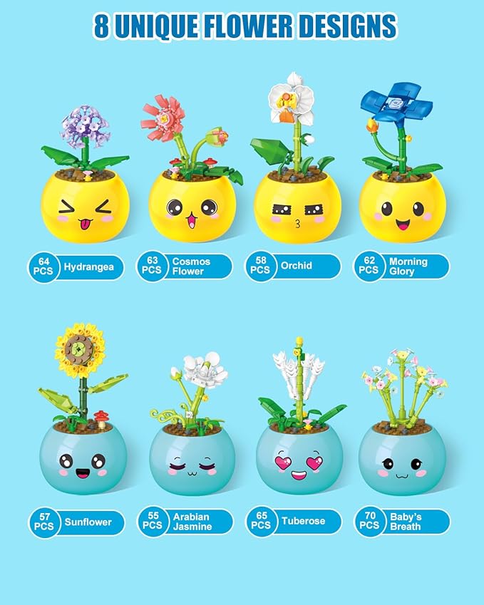 ICEKO KN 8 Pack Party Favors for Kids Building Set-494PCS Mini Succulent Flowers Building Blocks Sets for Classroom Prizes,Goodie Bag Stuffers,Birthday Children's Day Gifts for Boys Girls 6+