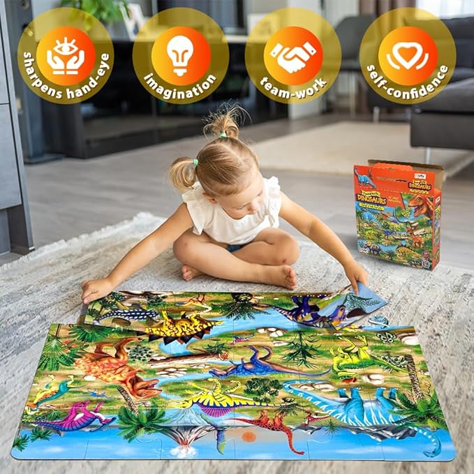 Dinosaur Floor Puzzle for Kids Ages 3-6, Jumbo 24-Piece Large Jigsaw Puzzle, Educational Preschool Toy for Boys and Girls, STEM Learning Gift for Toddlers