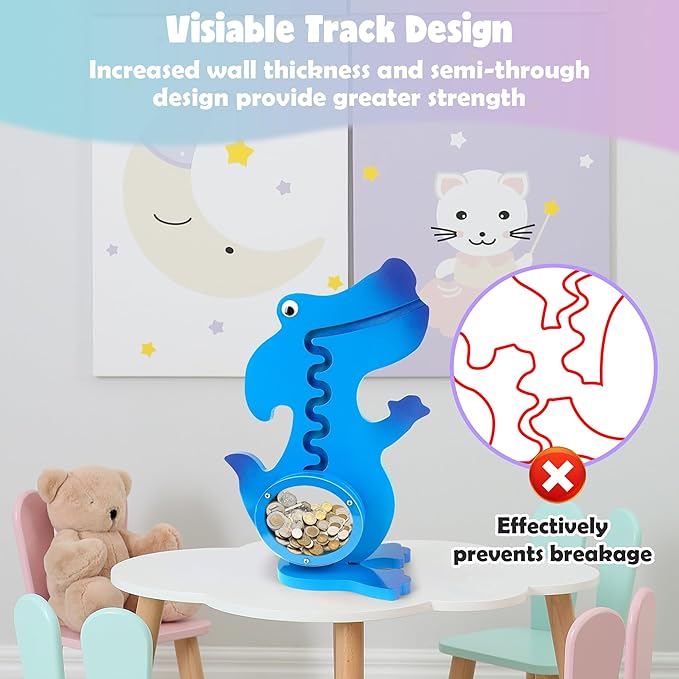 Dinosaur Piggy Bank for Kids Boys Girls, Wooden Dino Coin Bank with Large Clear Acrylic Belly, Cute Money Savings Box for Toddlers Birthday Christmas (Gradient-Blue)