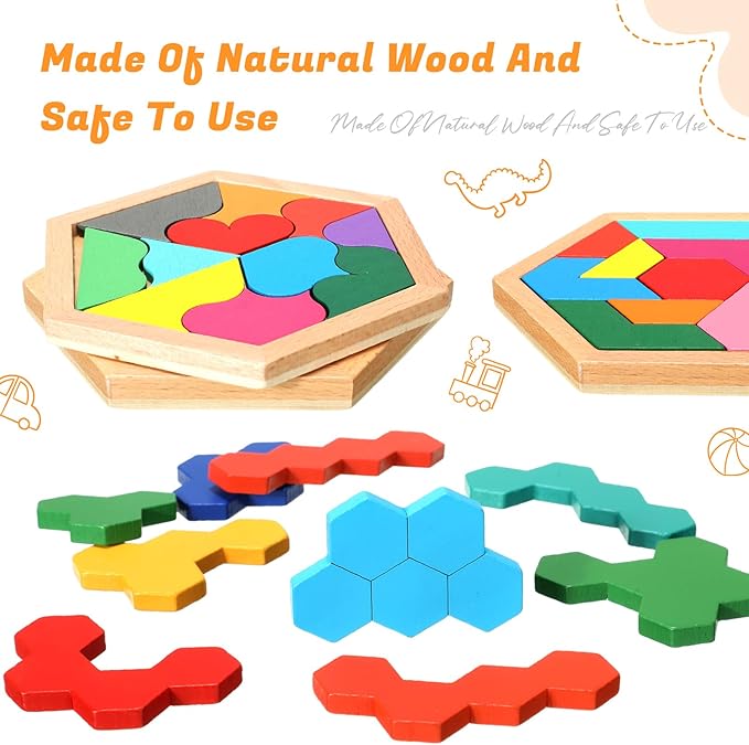 Jerify 8 Pack Wooden Tangrams Puzzles Wooden Hexagon Puzzles Blocks Geometric Tangram Jigsaw for Adults 3D Logic Intelligence IQ Game Gift