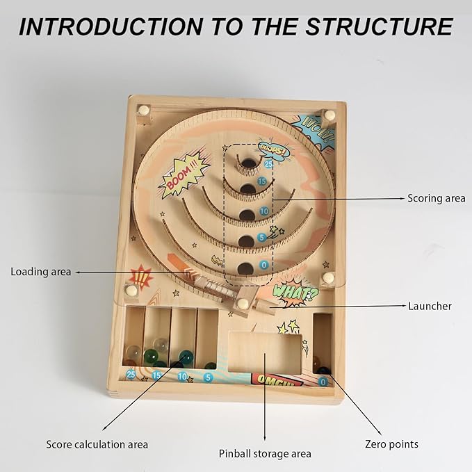 Wooden Marble Run, Marble Game, Wooden Pinball Rolling Toy, Mini Pinball Tabletop Machine with Stand, 10 Glass Marbles