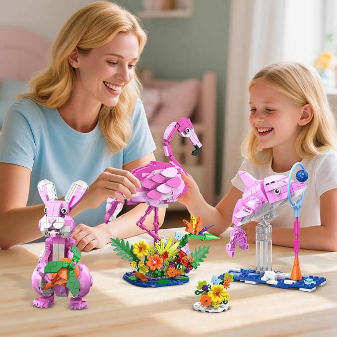HOGOKIDS 3 in 1 Pink Flamingo Building Set with Flowers, Animal Figure with 3 Building Options - Flamingo, Bunny, or Dolphin, 558PCS Creative Easter Birthday Gift, Learning Toy for Kid Girl Boy Age 6+