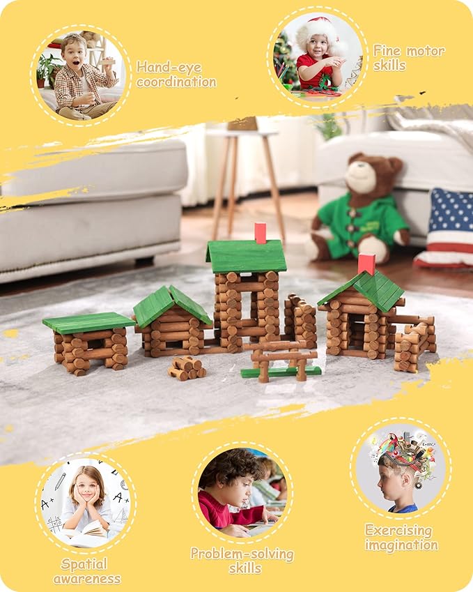 SainSmart Jr. 300 PCS Wooden Log Cabin Set Building House Toy for Toddlers, Classical STEM Construction Kit Compatible with Lincoln Logs for 3+ Kids