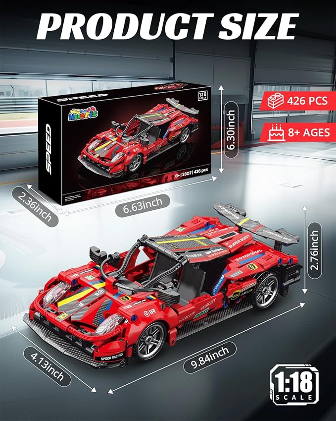 1:18 Technic Super Sports Cars Model Sets - 426 PCS Red MOC Building Block Car Raceing Engineering Toys - Gift Idea for Adults Boys Girls for Play and Display Collection