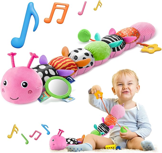 HEMRLY Baby Girl Toys for 0-6 Months, Musical Plush Caterpillar Infant Sensory Toy with Baby Mirror&Crinkle Rattle,Pull String,Teething, Tummy Time Newborn Gifts for 0-3-6-12 Boys Girls - Pink Leaf