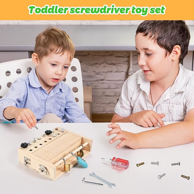Wooderma Montessori Screwdriver Board Set, with Lock and Key, Wooden Montessori Toys for 3 4 5, Toddler Screwdriver Toy, Kids Tool Set, Preschool Learning Sensory Toy, Fine Motor Skills Toys