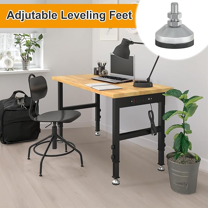 48" Adjustable Workbench for Garage, Solid Wood Top Work Bench for Garage, 2000 LBS Heavy-Duty Worktable with Power Outlets, Portable Work Station for Repair Shop, Workshop, Office