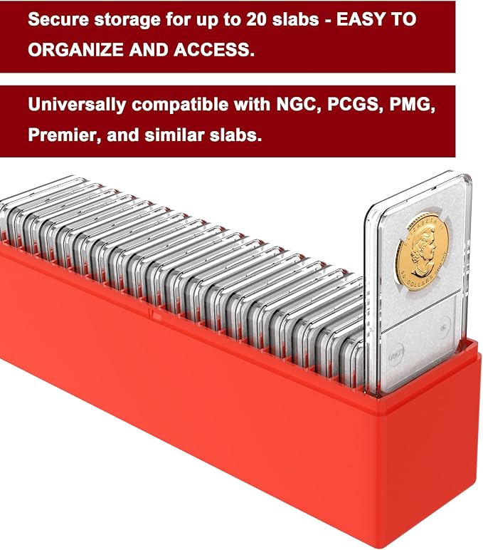 Plastic Coin Slab Storage Box – 20-Slot Coin Holder Organizer Case Fits for PCGS NGC PMG PCCB Slabs, Secure Coin Collection Box for Collectors, Home, Office, Bank Use (Box Only, Red)