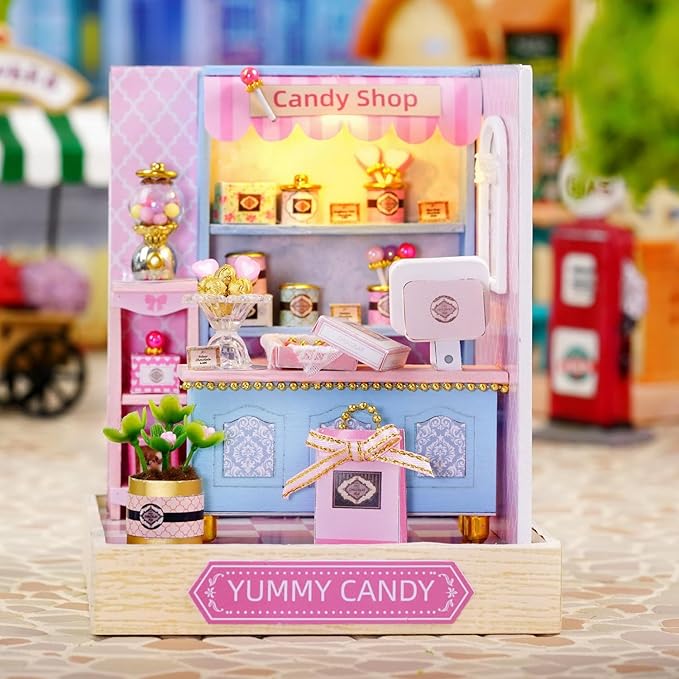 TuKIIE DIY Miniature Dollhouse Kit with Furniture, 1:24 Scale Creative Room Mini Wooden Doll House Plus Dust Proof for Kids Teens Adults(Yummy Candy)
