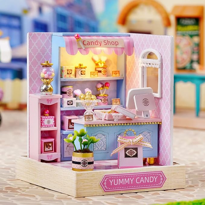 CUTEROOM DIY Doll House Miniature Furniture Wooden House Kit with Dust Cover & LED Light and Accessories - New Three Styles QT Series Dollhouse (QT045)