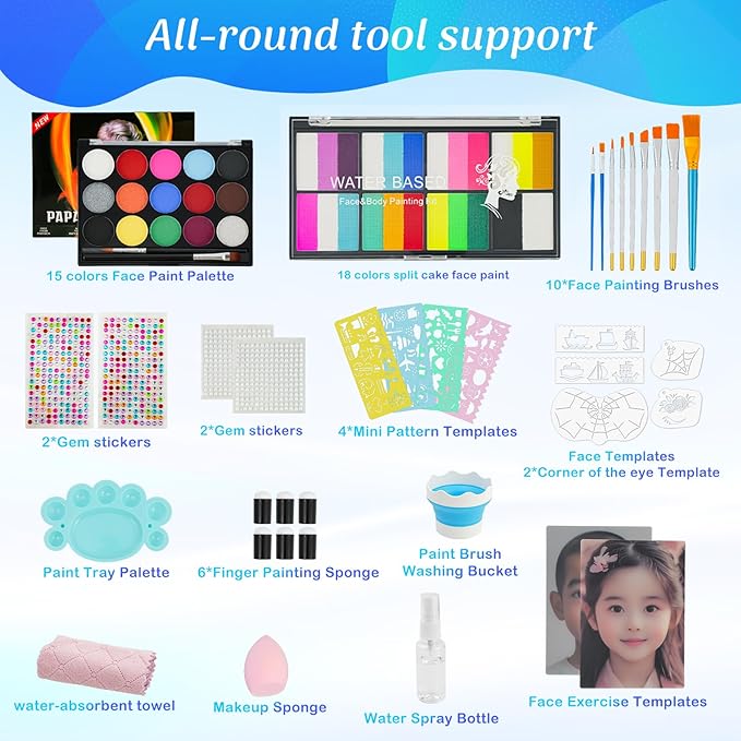 Face Painting Kit for Kids & Adults,18 Color+15 Color Non-toxic Water Activated Face Paint Palette,Halloween Makeup Kit.Ideal for Halloween,Carnival,Cosplay,Party,Arty Stage Makeup.