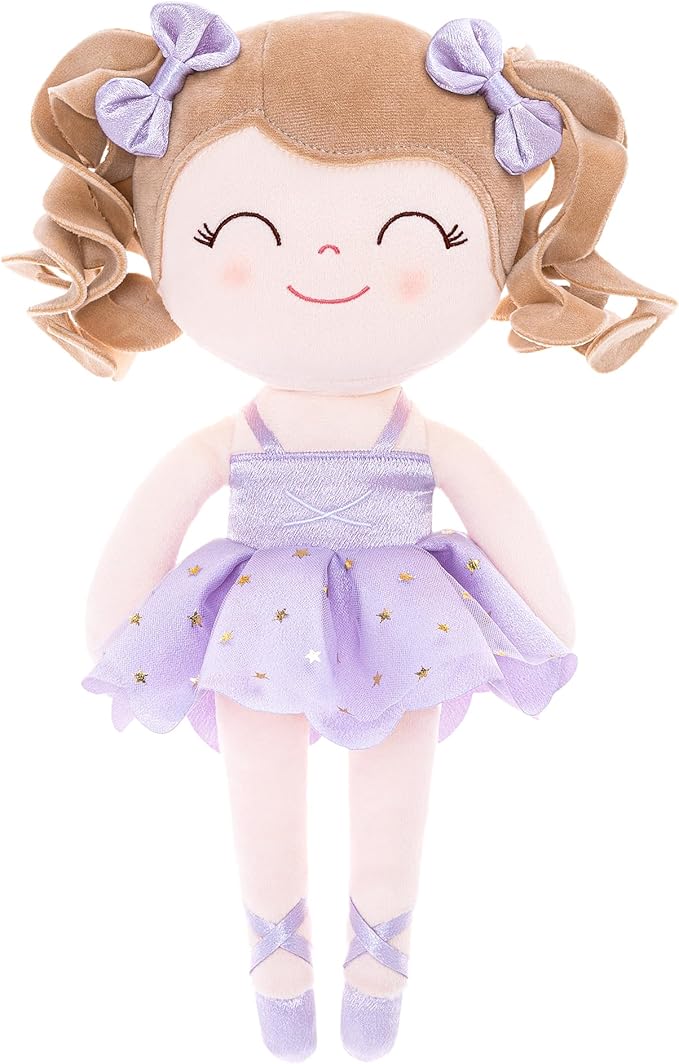 Gloveleya Baby Dolls Soft Snuggly Curly Hair Ballerina Doll First Baby Girl Gifts Plush Ballet Doll with Lace Mesh Dress Purple 14inches Ballerina Series