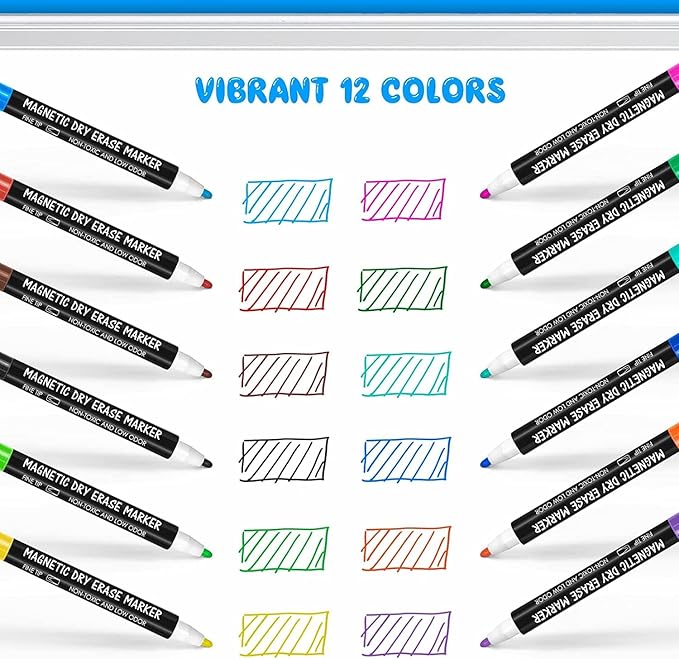 maxtek 60 Count Magnetic Dry Erase Markers, Fine Tip, 6 Colors, Low Odor Whiteboard Markers with Built-in Eraser