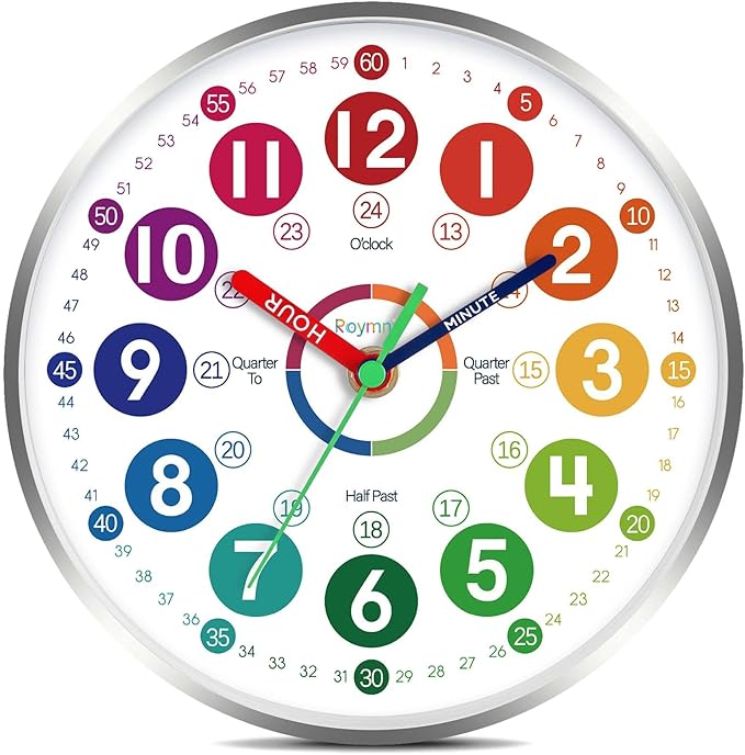 Wall Clock for Kids Learning - Teaching Time Wall Clocks Battery Operated Silent Non Ticking - Analog Colorful Clock Decorative for Kids Room Classroom School(14 Inch&Silver)