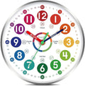 Wall Clock for Kids Learning - Teaching Time Wall Clocks Battery Operated Silent Non Ticking - Analog Colorful Clock Decorative for Kids Room Classroom School(10 Inch&Silver)