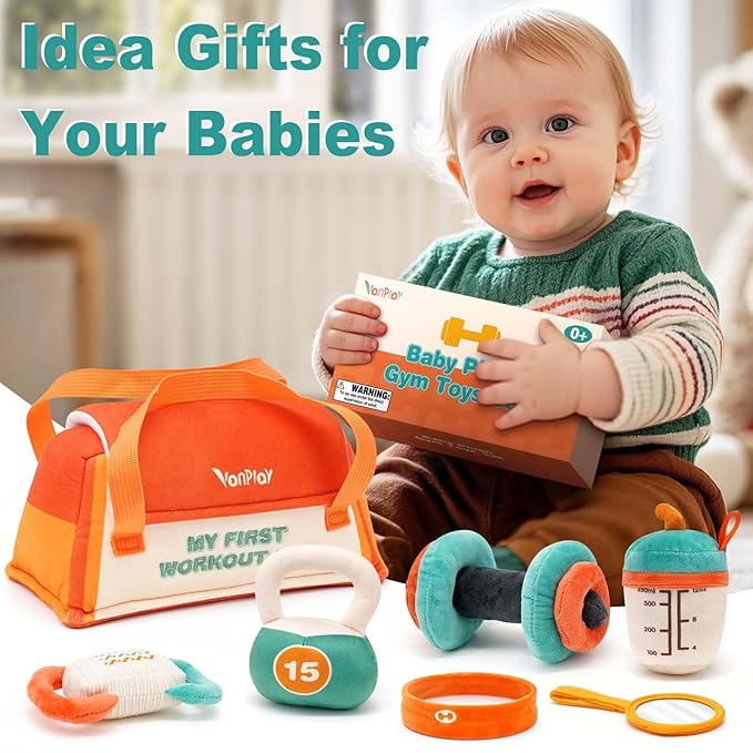 Vanplay Baby Toys 0-12 Months, Workout Plush Toy with Rattle for 0-3-6 Month, Sensory Montessori Toys for Babies 6-12-18 Month, Baby Boys Girls Birthday Shower Gifts for 7 8 9 10 Month
