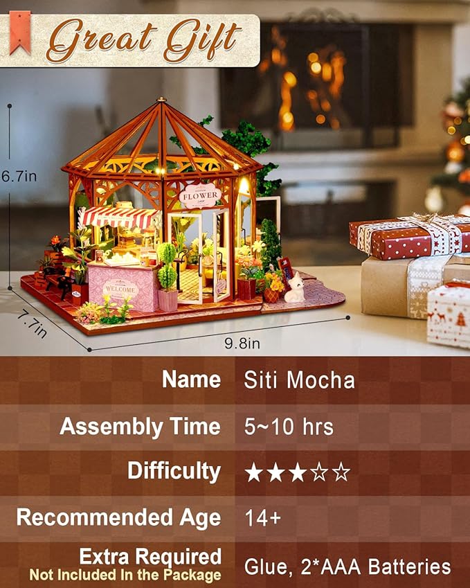 Miniature House Kit – Siti Mocha, DIY Dollhouse for Adults with Furniture & LED, Tiny House Wooden Craft Gift for Teens Families Friends