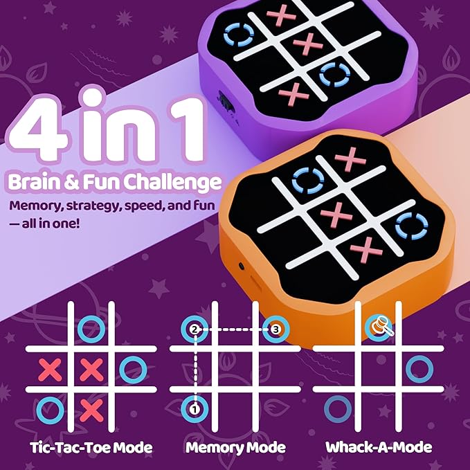 4-in-1 Rechargeable Electronic Tic Tac Toe Game – Handheld Travel Toy with Memory & Whack-a-Mole, Silent Mode, Fun for Kids & Adults, Gift for Kids Age 3+, Purple