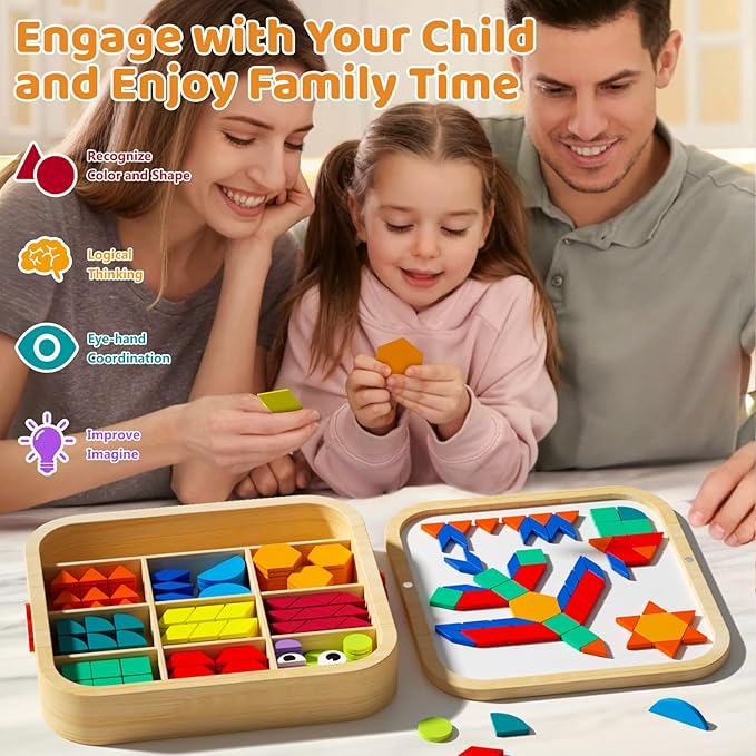 Wooden Magnetic Pattern Blocks Set with Cards, 288 PCS Montessori Tangram Puzzle Learning Toys for Toddlers 4-8, Educational STEM Gift for Kids Boys Girls 4 5 6 7 8