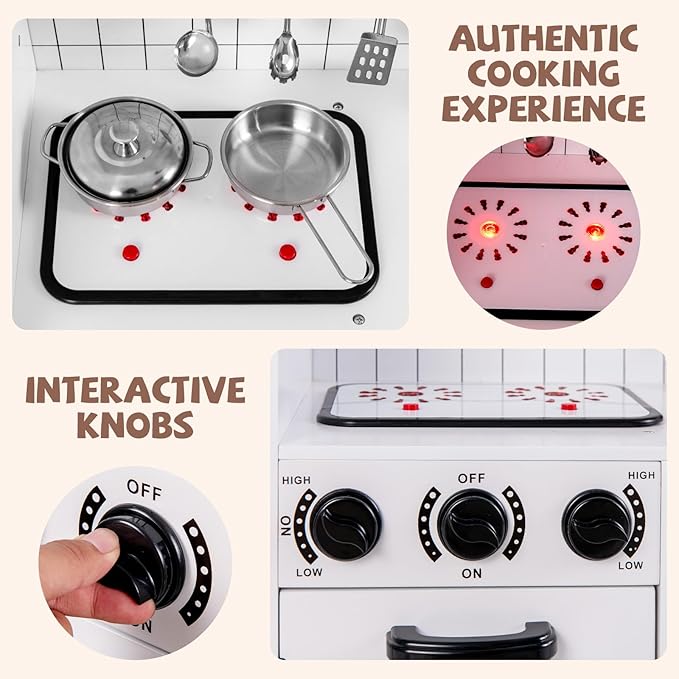 INFANS Play Kitchen for Kids, Wooden Kids Play Kitchen Playset with Realistic Light & Sounds, Pots Pan Microwave Sink, Children Pretend Cooking Toy Set Gift for Toddler Boys Girls Ages 3+
