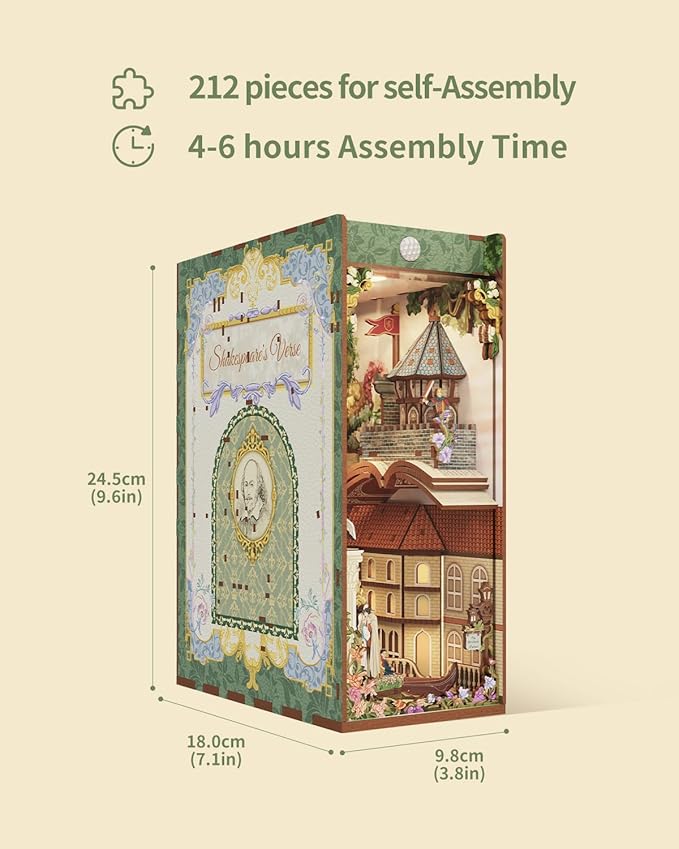 Tonecheer x British Library DIY Book Nook Kit, Shakespeare 3D Wooden Puzzle for Adults, Miniature House Kit Booknook Bookshelf Insert Decor with LED Lights Craft Gifts (Shakespeare's Verse)