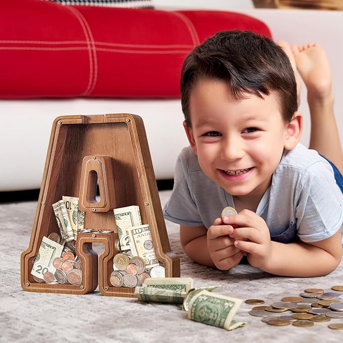 Summidate Large Wooden Piggy Bank for Kids Adults, Alphabets Letter A-Z Piggy Bank for Boys Girls, Coins Bills Change Bank Box Personalized Initial Name Kids Money Bank for Birthday Present and Decor