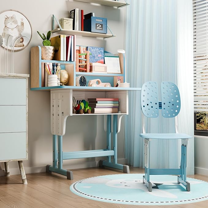 2025 NEW Kid's Study Desk and Chair Set, Ergonomic Height Adjustable Children Study Desk with Tilt Desktop, Book Stand, Light, Metal Hook and Storage Drawer,Gift for Boys Girls (Blue 70cm no lean)