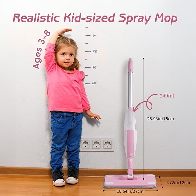 Kids Spray Mop Pink, Real Working Water-Spraying Toy, Montessori Mini Mop with 2 Microfiber Washable Pads, Toddler Cleaning Set for Floor, Christmas Birthday Gifts for Age 3 4 5 6 7 8