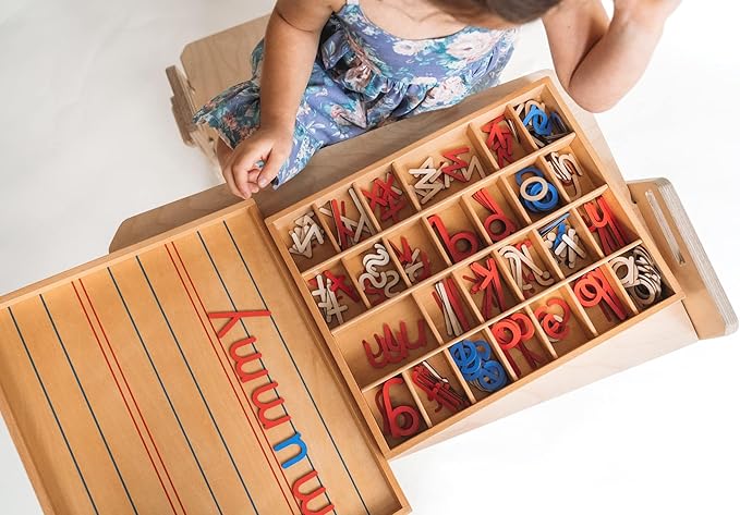 Movable Alphabet Montessori Wooden Letters - Moveable Alphabet With Box Mats - Lower Case for Writing, Reading, Spelling, and Language Learning Materials (Red and Blue)