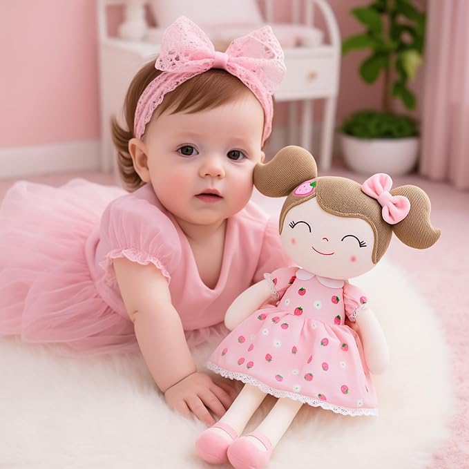 Gloveleya Baby Girl Gift – 16 Inches Strawberry Pink Plush Doll with Gift Box, Soft First Baby Doll for Toddler Girls, Birthday Present, Baby Shower & Holiday Keepsake