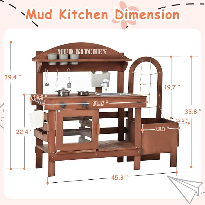 Outdoor Mud Kitchen for Kids 43.7in, Wooden Play Kitchen with Plant Growing Box, Observation Room, Sink, Faucet for Backyard Garden