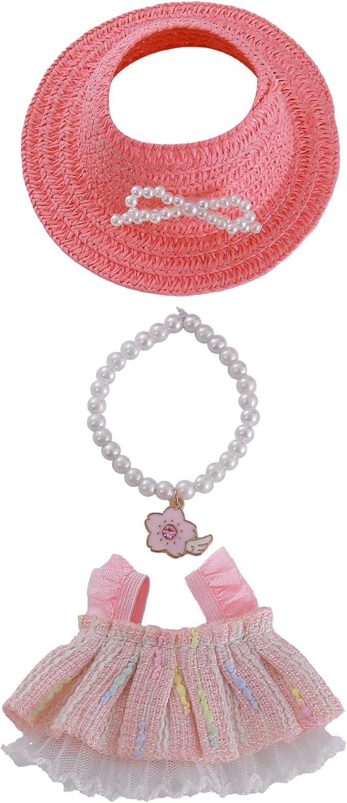 Clothes for Doll 3 PCS 17cm Clothes Set Cute Style Outfit Pink Dress Straw Hat Necklace for 6.7 Inches Doll Only Accessories