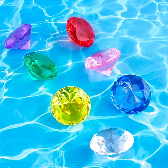 Niceup 60mm Large Diving Gems Pool Toys for Kids 7PCS 2.36in Acrylic Fake Jewel Gemstones Princess Mermaid Dive Party Favors Swimming Toys Red Blue Purple Green Clear Yellow Pink