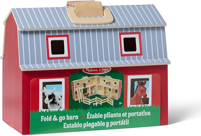 Melissa & Doug Fold and Go Wooden Barn with 7 Animal Play Figures - Farm Animals Barn Toy, Portable Toys, Farm Toys for Kids and Toddlers Ages 3+