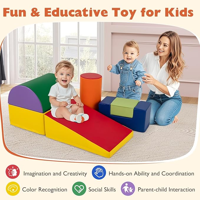Costzon Toddler Climbing Toys, 6 Pieces Climb and Crawl Playset with PU Cover for Baby Crawling, Climbing & Playing, Indoor Foam Climbing Blocks for Toddlers