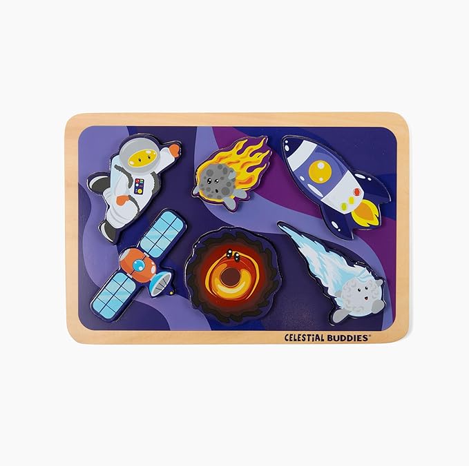 Celestial Buddies Journey into Space – Chunky Wooden Toddler Puzzle, 12x8 Inch – Educational Space Puzzle for Early Science & Astronomy Exploration - STEM Learning