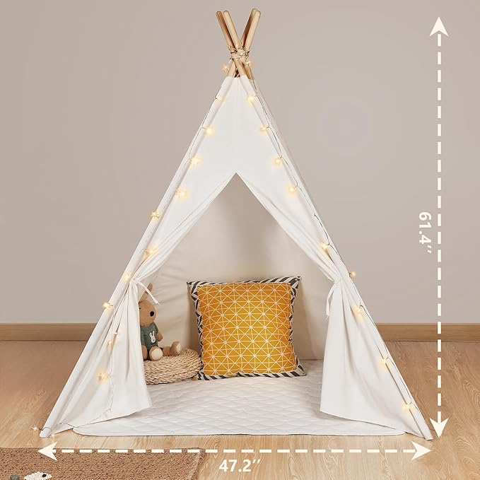 Sumbababy Teepee Tent for Kids Tipi Tent Indoor - Cotton Canvas Kid Tents for Inside with Light & Flag- Foldable Toddler Play Tents for Girls & Boys Slumber Party - Washable Boho Play House Gift Toys